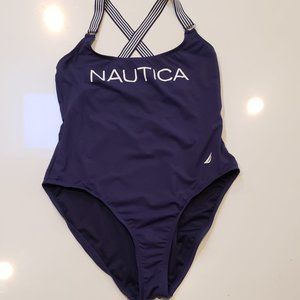 Nautica Navy Blue and White One piece Swim Suit with Nautica Printing